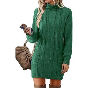 Women's Long Sleeve Turtleneck Sweater Dresses Ribbed Knit Midi Dress Green